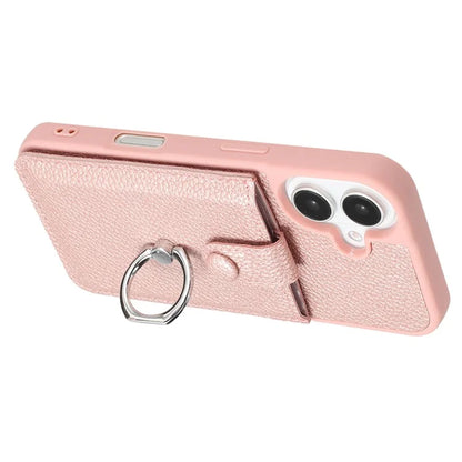 For iPhone 16 Plus Case Drawing Type Card Slots Litchi Texture Leather Back Cover with Ring Kickstand