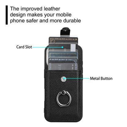 For iPhone 16 Plus Case Drawing Type Card Slots Litchi Texture Leather Back Cover with Ring Kickstand