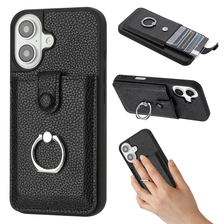 For iPhone 16 Case Drawing Type Card Slots Litchi Texture Leather Back Cover with Ring Kickstand