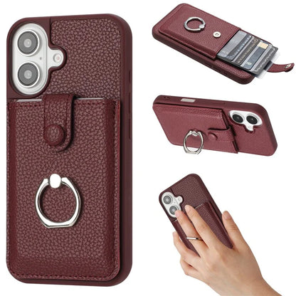 For iPhone 16 Case Drawing Type Card Slots Litchi Texture Leather Back Cover with Ring Kickstand