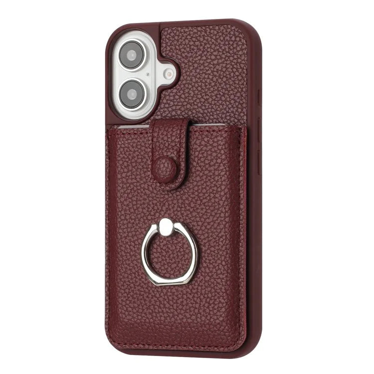 For iPhone 16 Case Drawing Type Card Slots Litchi Texture Leather Back Cover with Ring Kickstand