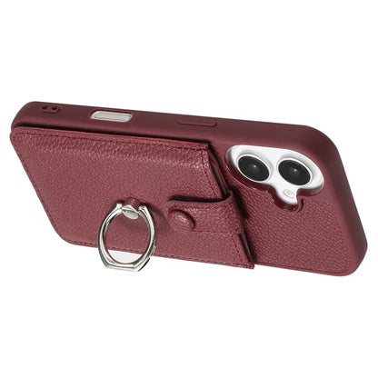 For iPhone 16 Case Drawing Type Card Slots Litchi Texture Leather Back Cover with Ring Kickstand
