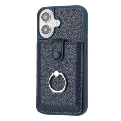 For iPhone 16 Case Drawing Type Card Slots Litchi Texture Leather Back Cover with Ring Kickstand