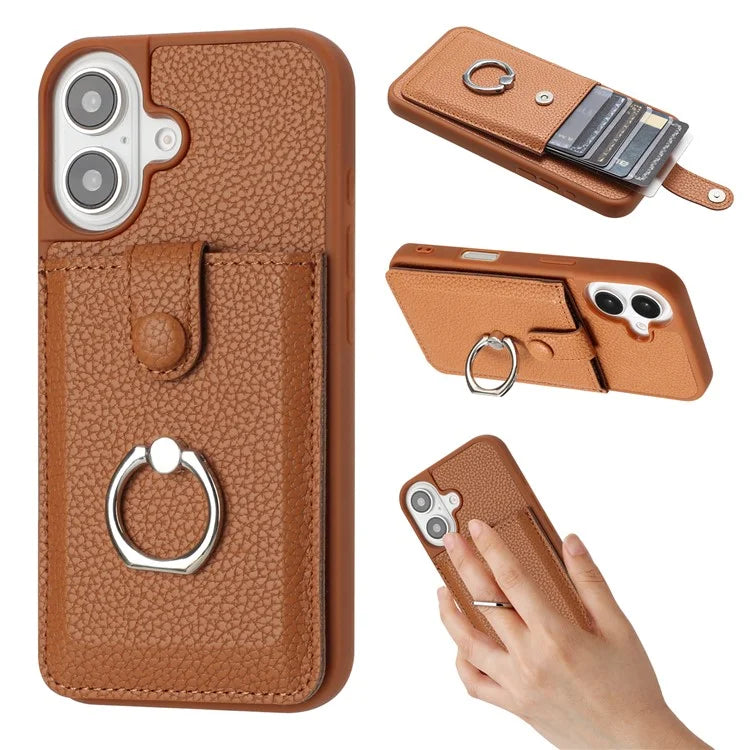For iPhone 16 Case Drawing Type Card Slots Litchi Texture Leather Back Cover with Ring Kickstand