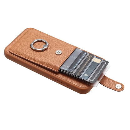 For iPhone 16 Case Drawing Type Card Slots Litchi Texture Leather Back Cover with Ring Kickstand