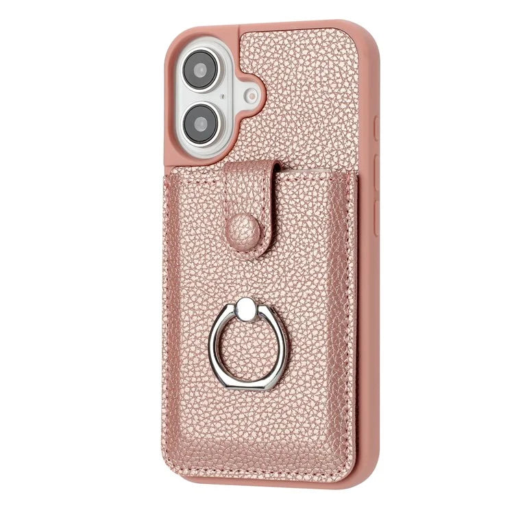 For iPhone 16 Case Drawing Type Card Slots Litchi Texture Leather Back Cover with Ring Kickstand
