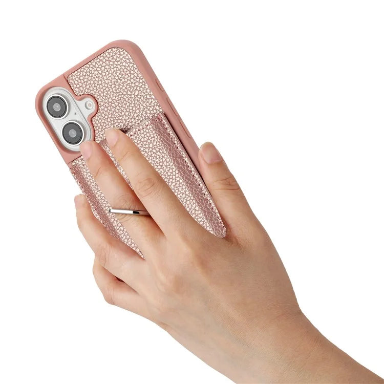 For iPhone 16 Case Drawing Type Card Slots Litchi Texture Leather Back Cover with Ring Kickstand