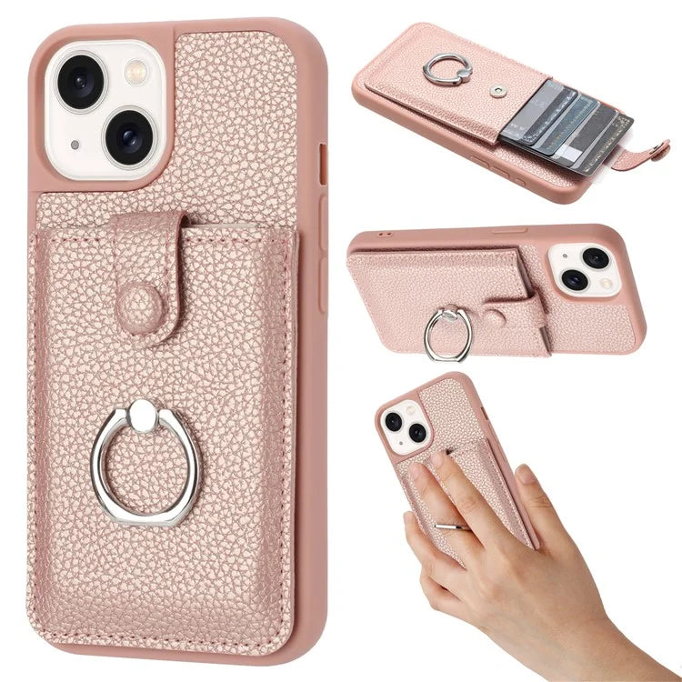 For iPhone 15 Case Drawing Type Card Slots Litchi Texture Leather Back Cover with Ring Kickstand