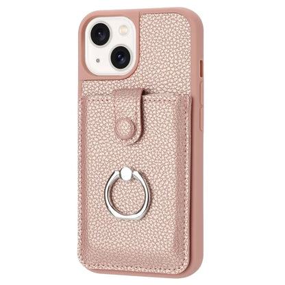 For iPhone 15 Case Drawing Type Card Slots Litchi Texture Leather Back Cover with Ring Kickstand