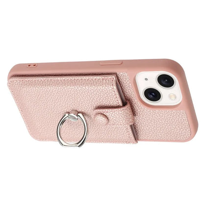 For iPhone 15 Case Drawing Type Card Slots Litchi Texture Leather Back Cover with Ring Kickstand