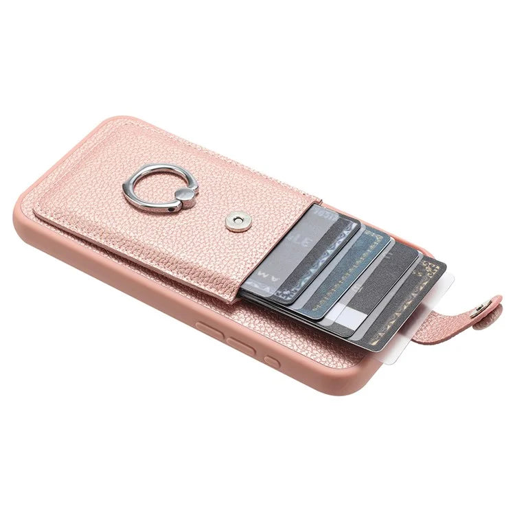 For iPhone 15 Case Drawing Type Card Slots Litchi Texture Leather Back Cover with Ring Kickstand
