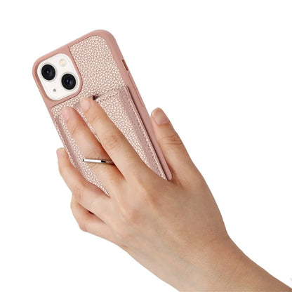 For iPhone 15 Case Drawing Type Card Slots Litchi Texture Leather Back Cover with Ring Kickstand