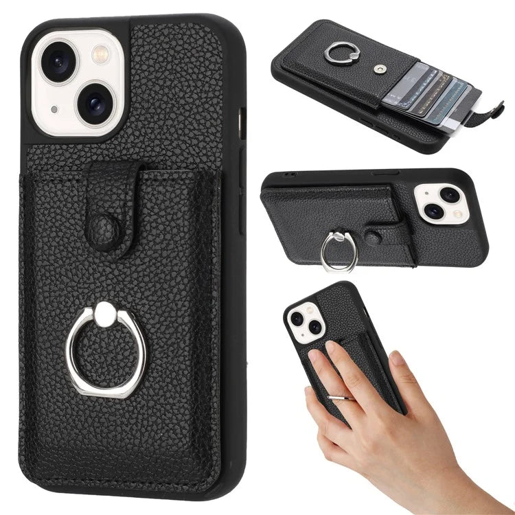 For iPhone 15 Case Drawing Type Card Slots Litchi Texture Leather Back Cover with Ring Kickstand