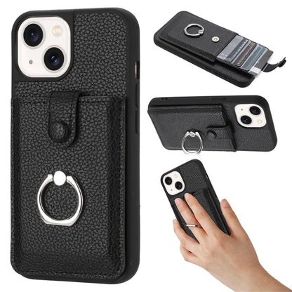 For iPhone 15 Case Drawing Type Card Slots Litchi Texture Leather Back Cover with Ring Kickstand