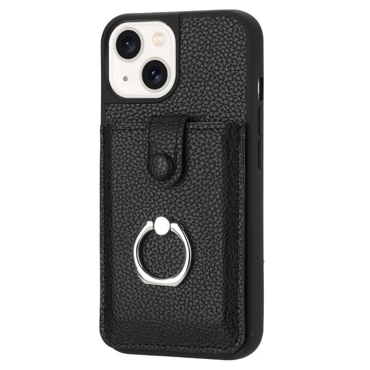 For iPhone 15 Case Drawing Type Card Slots Litchi Texture Leather Back Cover with Ring Kickstand