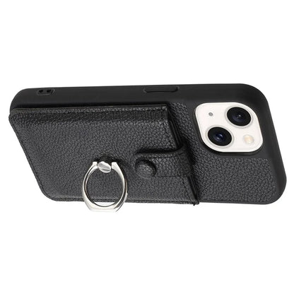 For iPhone 15 Case Drawing Type Card Slots Litchi Texture Leather Back Cover with Ring Kickstand