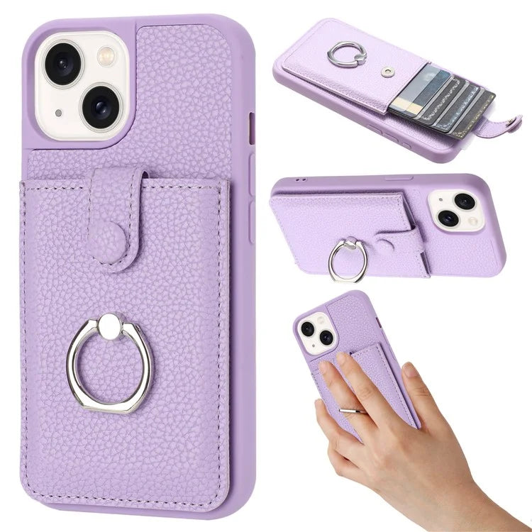 For iPhone 15 Case Drawing Type Card Slots Litchi Texture Leather Back Cover with Ring Kickstand