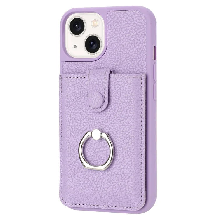 For iPhone 15 Case Drawing Type Card Slots Litchi Texture Leather Back Cover with Ring Kickstand
