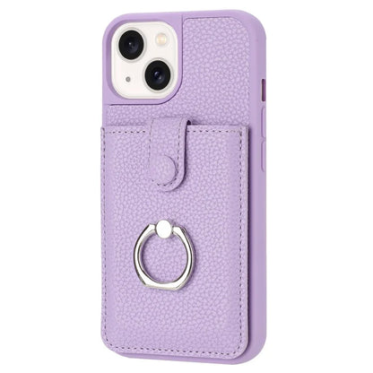 For iPhone 15 Case Drawing Type Card Slots Litchi Texture Leather Back Cover with Ring Kickstand