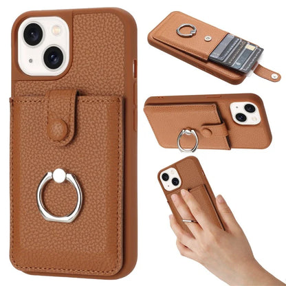 For iPhone 15 Case Drawing Type Card Slots Litchi Texture Leather Back Cover with Ring Kickstand