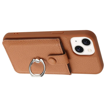 For iPhone 15 Case Drawing Type Card Slots Litchi Texture Leather Back Cover with Ring Kickstand