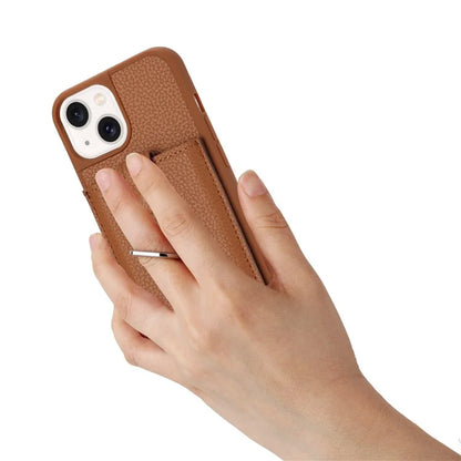 For iPhone 15 Case Drawing Type Card Slots Litchi Texture Leather Back Cover with Ring Kickstand