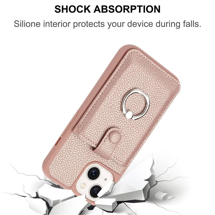 For iPhone 15 Case Drawing Type Card Slots Litchi Texture Leather Back Cover with Ring Kickstand