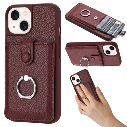 For iPhone 15 Case Drawing Type Card Slots Litchi Texture Leather Back Cover with Ring Kickstand