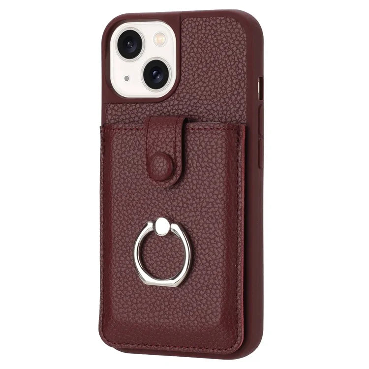 For iPhone 15 Case Drawing Type Card Slots Litchi Texture Leather Back Cover with Ring Kickstand