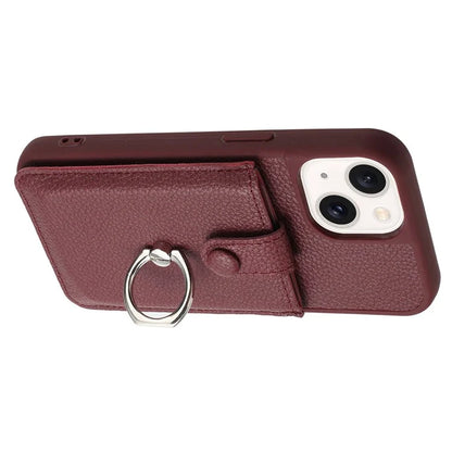 For iPhone 15 Case Drawing Type Card Slots Litchi Texture Leather Back Cover with Ring Kickstand