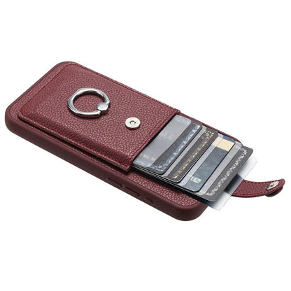 For iPhone 15 Case Drawing Type Card Slots Litchi Texture Leather Back Cover with Ring Kickstand