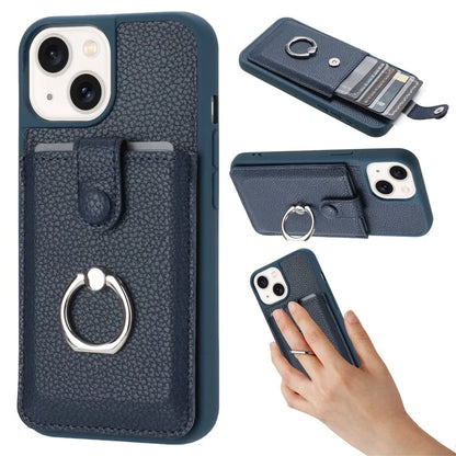 For iPhone 15 Case Drawing Type Card Slots Litchi Texture Leather Back Cover with Ring Kickstand