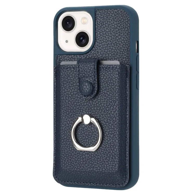 For iPhone 15 Case Drawing Type Card Slots Litchi Texture Leather Back Cover with Ring Kickstand