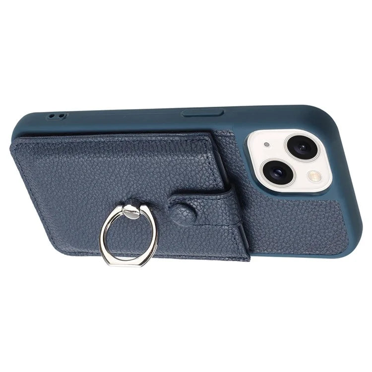 For iPhone 15 Case Drawing Type Card Slots Litchi Texture Leather Back Cover with Ring Kickstand