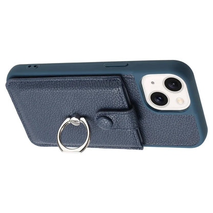 For iPhone 15 Case Drawing Type Card Slots Litchi Texture Leather Back Cover with Ring Kickstand