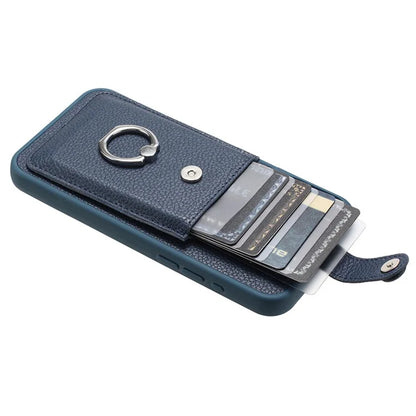 For iPhone 15 Case Drawing Type Card Slots Litchi Texture Leather Back Cover with Ring Kickstand