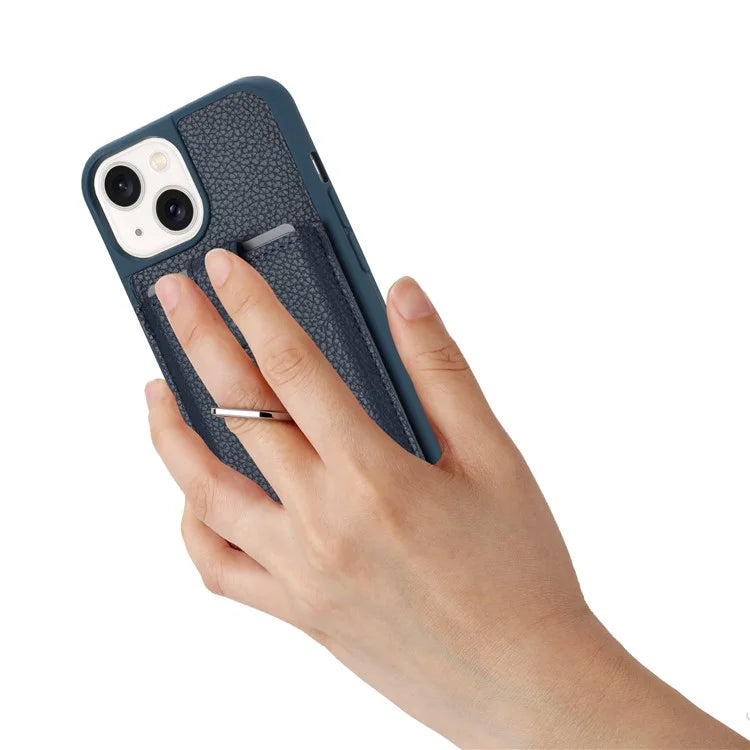 For iPhone 15 Case Drawing Type Card Slots Litchi Texture Leather Back Cover with Ring Kickstand