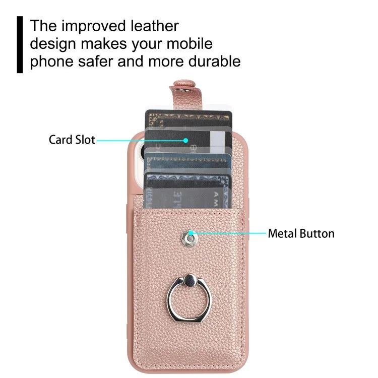 For iPhone 15 Case Drawing Type Card Slots Litchi Texture Leather Back Cover with Ring Kickstand
