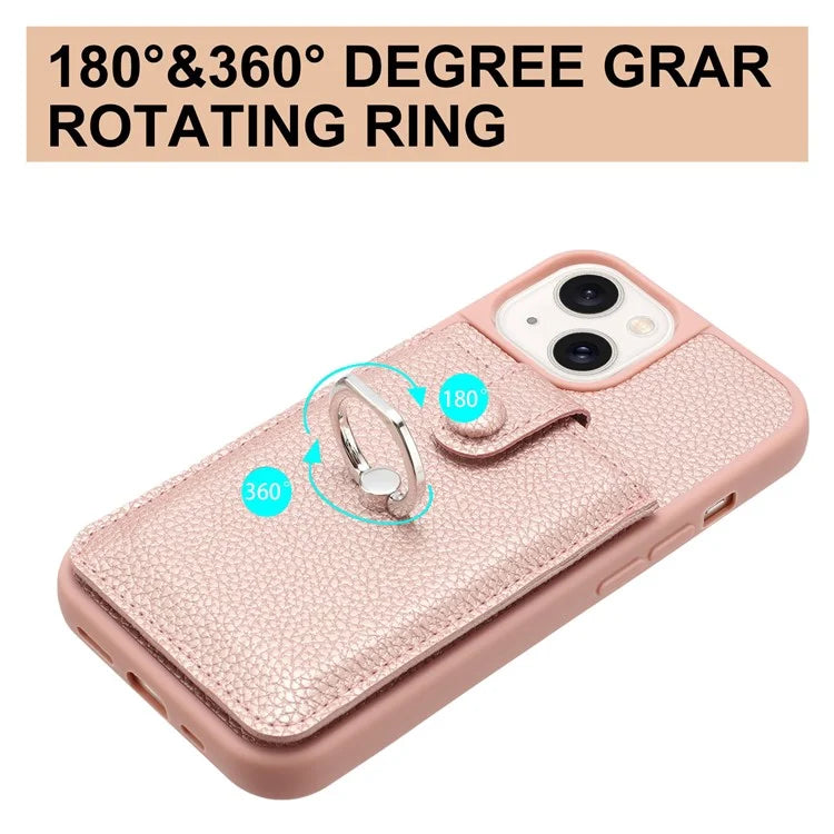 For iPhone 15 Case Drawing Type Card Slots Litchi Texture Leather Back Cover with Ring Kickstand