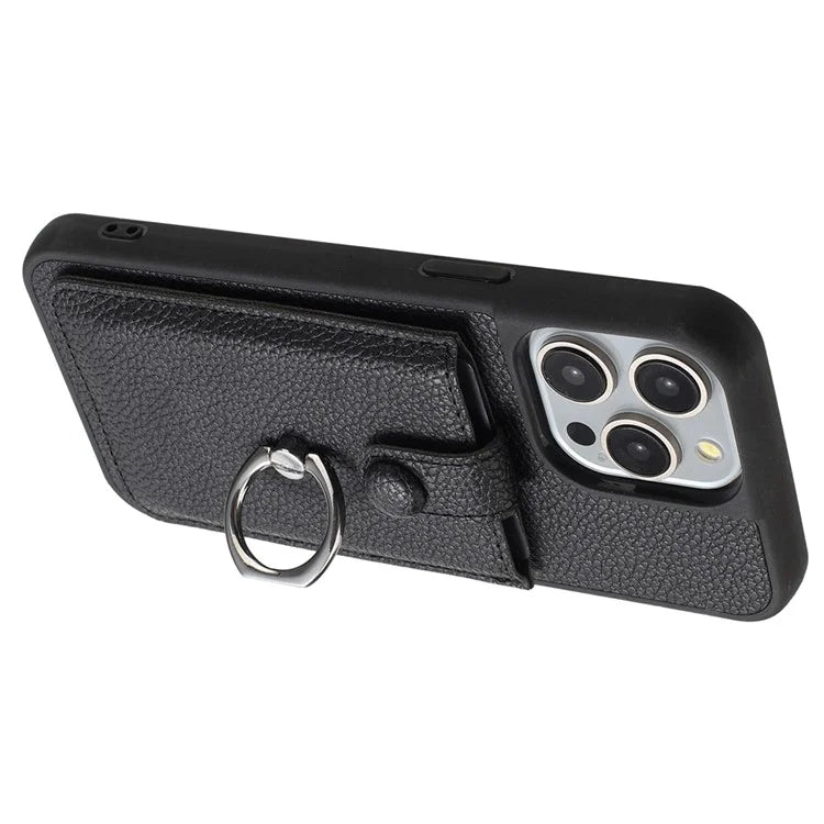 For iPhone 15 Pro Case Drawing Type Card Slots Litchi Texture Leather Back Cover with Ring Kickstand