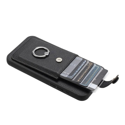 For iPhone 15 Pro Case Drawing Type Card Slots Litchi Texture Leather Back Cover with Ring Kickstand