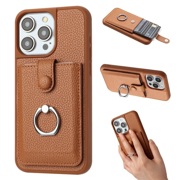 For iPhone 15 Pro Case Drawing Type Card Slots Litchi Texture Leather Back Cover with Ring Kickstand