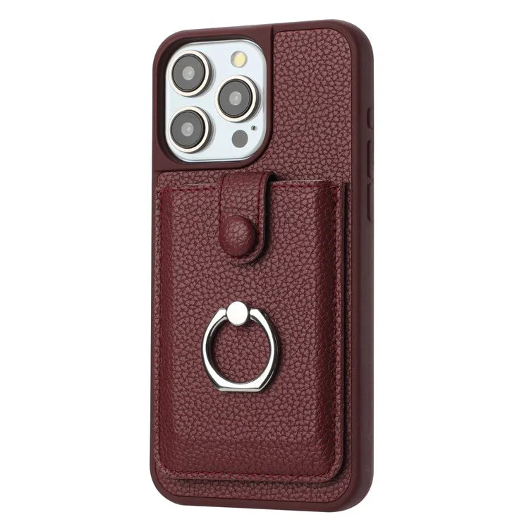 For iPhone 15 Pro Case Drawing Type Card Slots Litchi Texture Leather Back Cover with Ring Kickstand