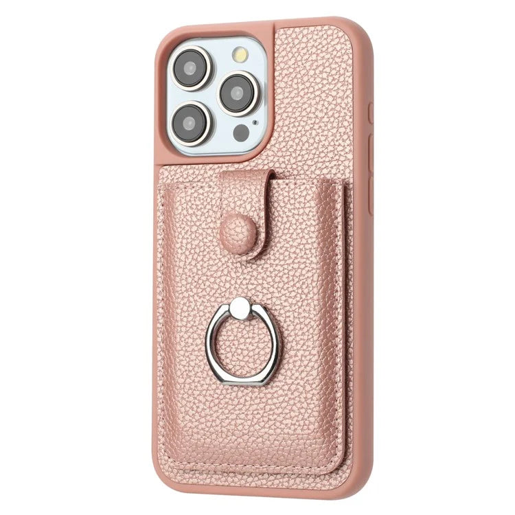 For iPhone 15 Pro Max Case Drawing Type Card Slots Litchi Texture Leather Back Cover with Ring Kickstand