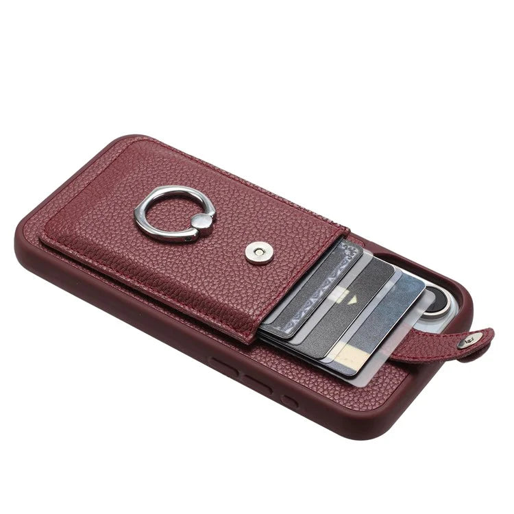 For iPhone 15 Pro Max Case Drawing Type Card Slots Litchi Texture Leather Back Cover with Ring Kickstand