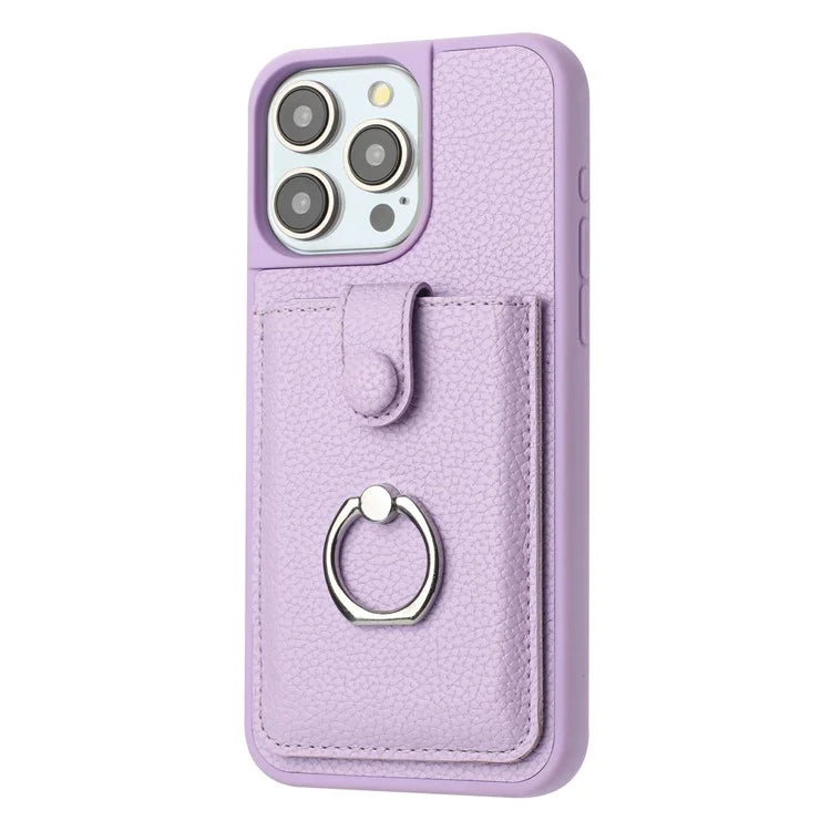 For iPhone 15 Pro Max Case Drawing Type Card Slots Litchi Texture Leather Back Cover with Ring Kickstand