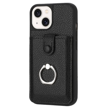 For iPhone 14 / 13 Case Drawing Type Card Slots Litchi Texture Leather Back Cover with Ring Kickstand