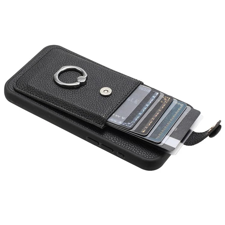For iPhone 14 / 13 Case Drawing Type Card Slots Litchi Texture Leather Back Cover with Ring Kickstand