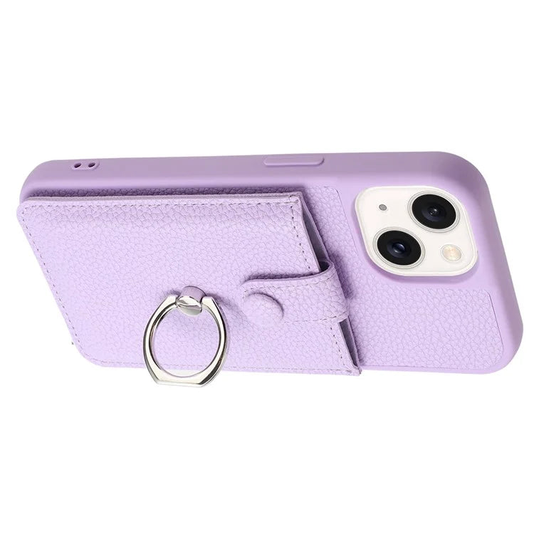 For iPhone 14 / 13 Case Drawing Type Card Slots Litchi Texture Leather Back Cover with Ring Kickstand