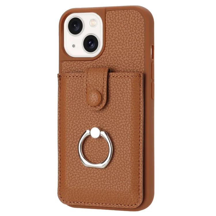 For iPhone 14 / 13 Case Drawing Type Card Slots Litchi Texture Leather Back Cover with Ring Kickstand